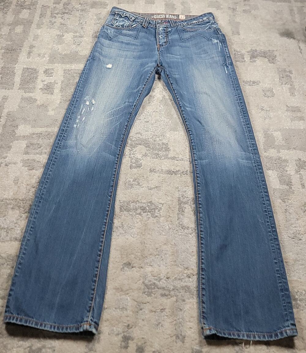 Guess Jeans Men's Back Flip Pockets Bootcut Blue Denim Jeans Sz 33x34.5 SEE DESC